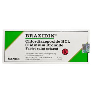 Braxidin Chlordiazepoxide HCl Clidinium Bromide Box 100 Tablet – Obat Gangguan Lambung Sanbe